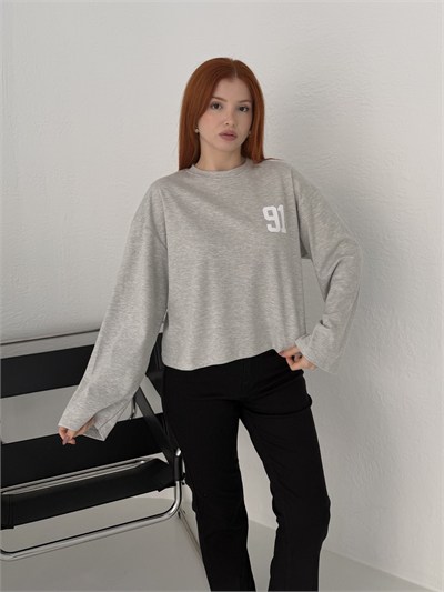 91 Baskılı Sweatshirt Gri melanj