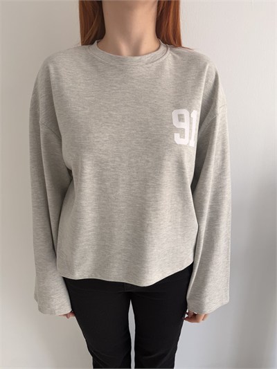 91 Baskılı Sweatshirt Gri melanj