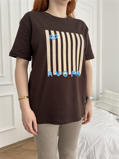 Amour Kalp Baskılı T-shirt Kahve