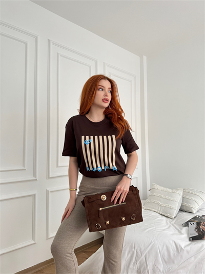 Amour Kalp Baskılı T-shirt Kahve