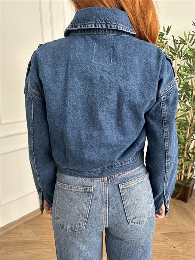 Apoletli Crop Kot Ceket Mavi