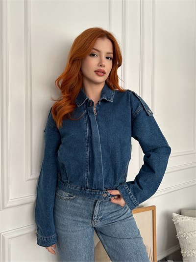 Apoletli Crop Kot Ceket Mavi