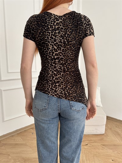 Asimetrik Leopar Desen Kayık Yaka Badi Kahve-siyah
