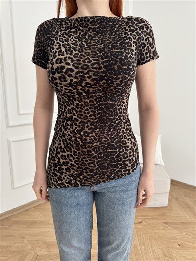 Asimetrik Leopar Desen Kayık Yaka Badi Kahve-siyah