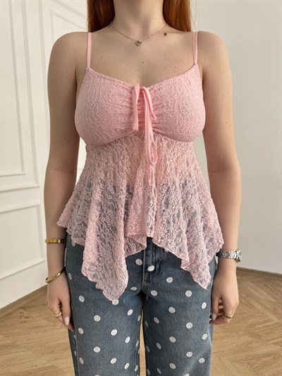Askılı Yakası İpli Dantel Bluz Açık pembe