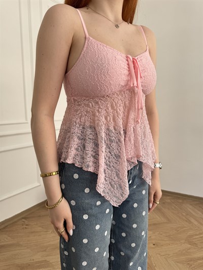 Askılı Yakası İpli Dantel Bluz Açık pembe