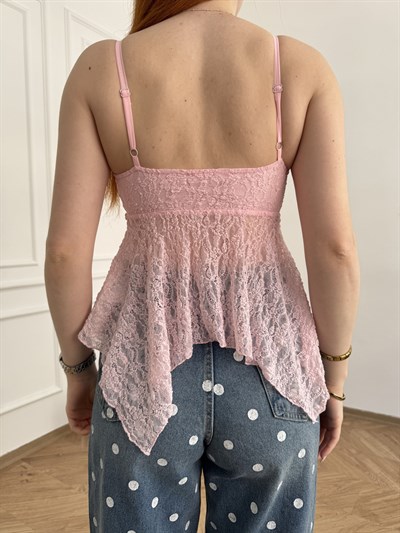 Askılı Yakası İpli Dantel Bluz Açık pembe