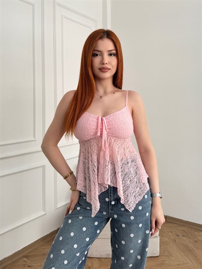 Askılı Yakası İpli Dantel Bluz Açık pembe