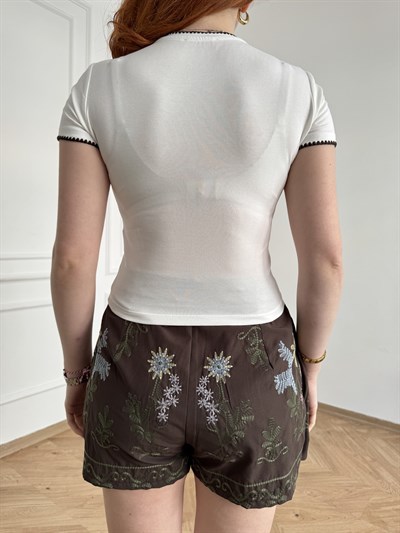 At Nakışlı T-shirt Ekru-kahve