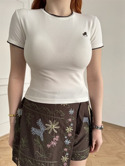 At Nakışlı T-shirt Ekru-kahve