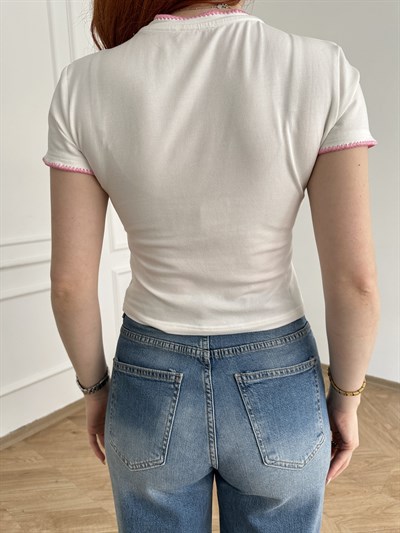 At Nakışlı T-shirt Ekru-pembe