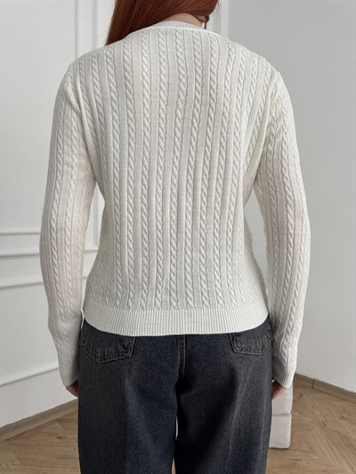 Ayıcık Nakışlı Saç Örgü Triko Ekru