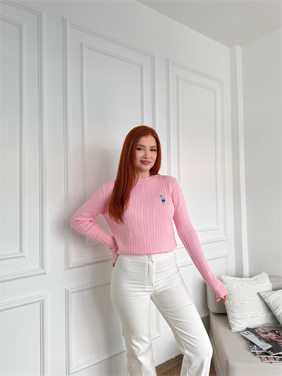 Ayıcık Nakışlı Saç Örgü Triko Şeker pembe