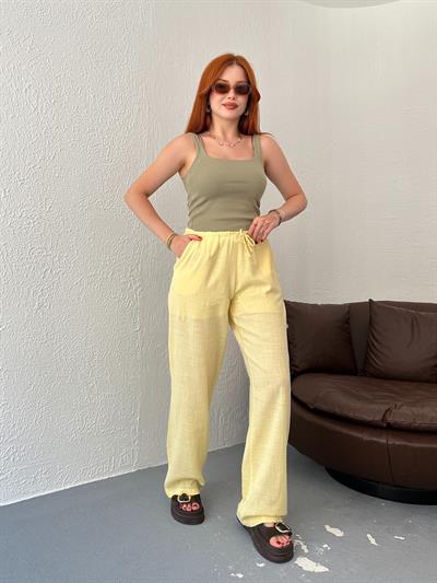 Bağcıklı Keten Pantolon Sarı