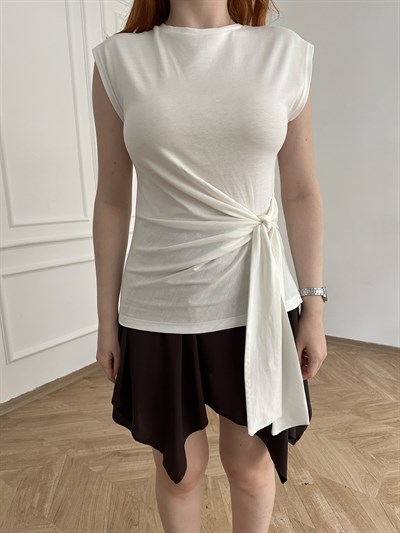 Bağlama Detaylı Kolsuz T-shirt Ekru