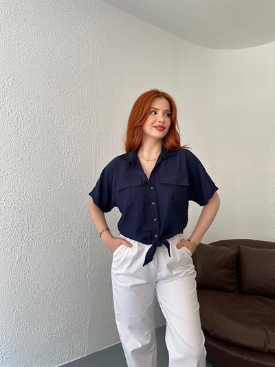 Bağlamalı Çift Cep Crop Gömlek Lacivert