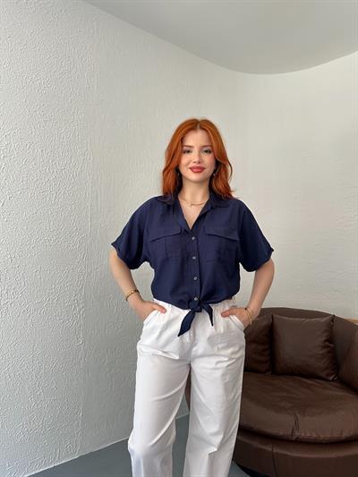 Bağlamalı Çift Cep Crop Gömlek Lacivert