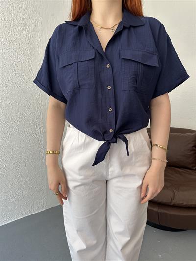 Bağlamalı Çift Cep Crop Gömlek Lacivert
