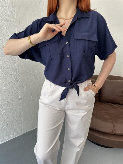 Bağlamalı Çift Cep Crop Gömlek Lacivert