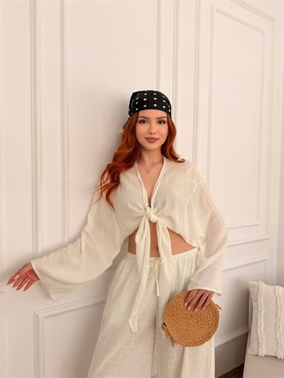 Bağlamalı Crop Bolero Ekru