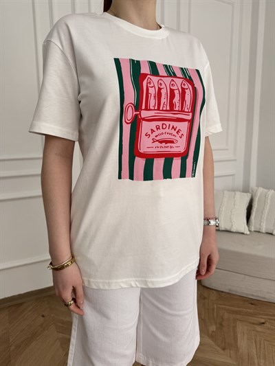 Balık Baskılı Oversize T-shirt Beyaz