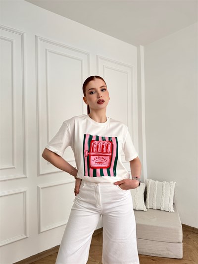 Balık Baskılı Oversize T-shirt Beyaz