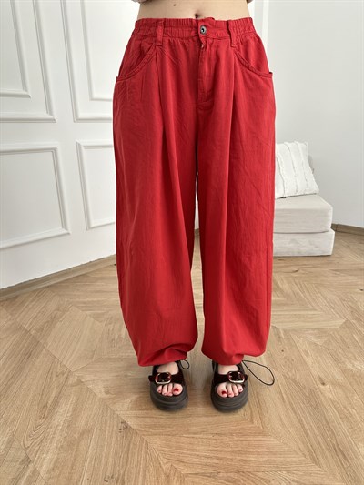 Balon Kesim Paçası İpli Pantolon Kırmızı
