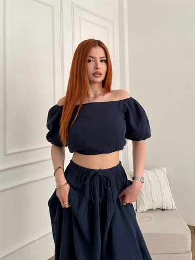 Balon Kol Keten Dokulu Crop Bluz Lacivert