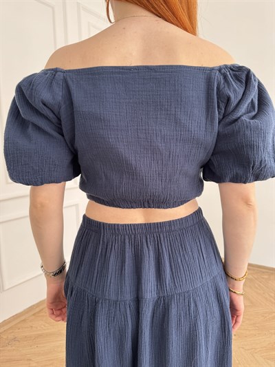 Balon Kol Keten Dokulu Crop Bluz Lacivert
