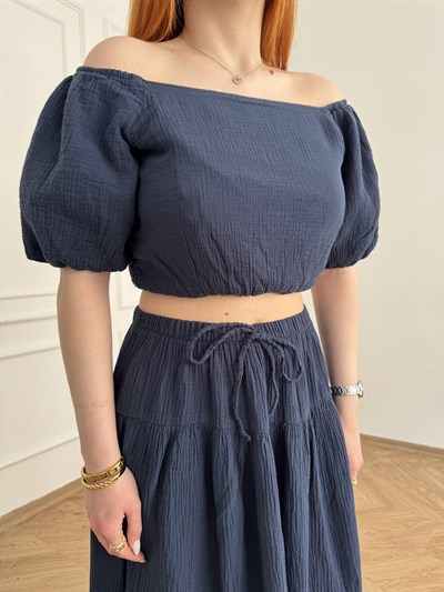 Balon Kol Keten Dokulu Crop Bluz Lacivert