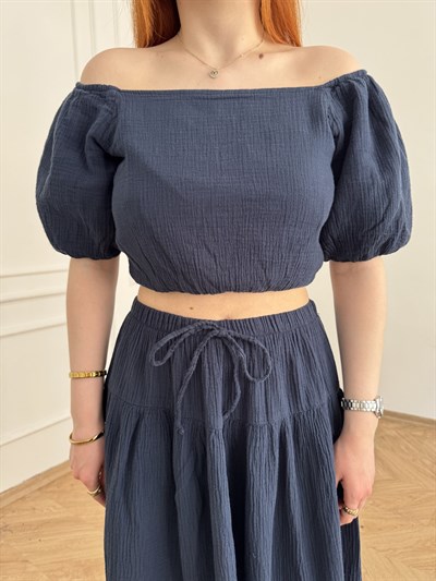 Balon Kol Keten Dokulu Crop Bluz Lacivert