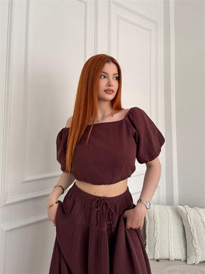 Balon Kol Keten Dokulu Crop Bluz Mürdüm