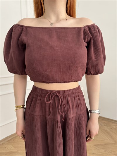 Balon Kol Keten Dokulu Crop Bluz Mürdüm