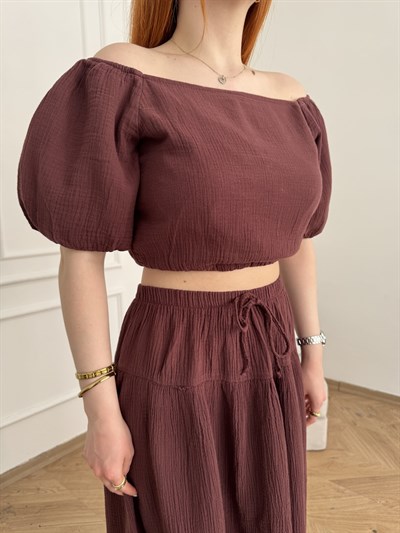 Balon Kol Keten Dokulu Crop Bluz Mürdüm
