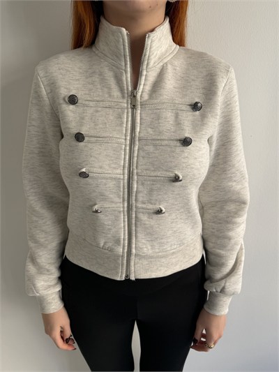 Bando Düğmeli Fermuarlı Sweatshırt Gri melanj