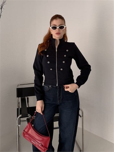 Bando Düğmeli Fermuarlı Sweatshırt Lacivert