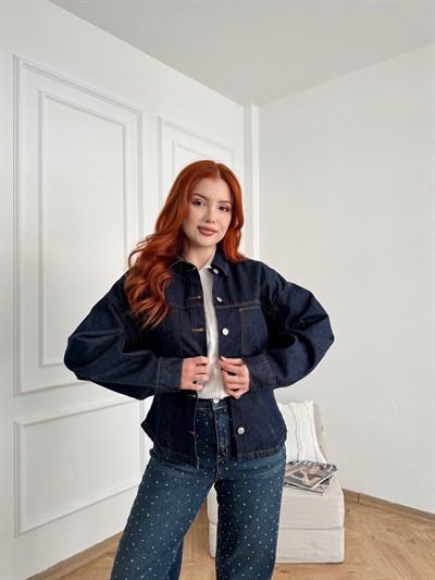 Belden Oturtmalı Jean Ceket Lacivert