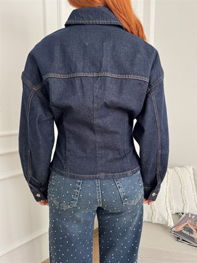 Belden Oturtmalı Jean Ceket Lacivert