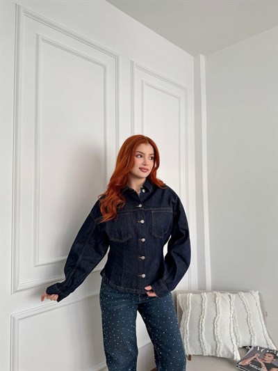 Belden Oturtmalı Jean Ceket Lacivert