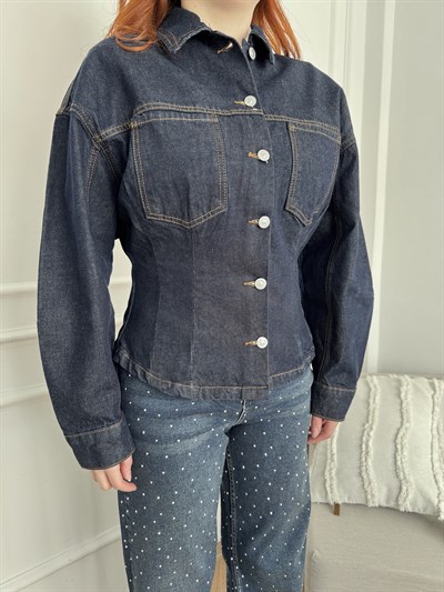 Belden Oturtmalı Jean Ceket Lacivert
