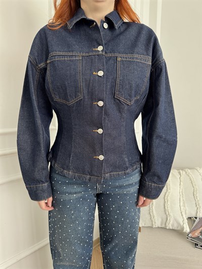 Belden Oturtmalı Jean Ceket Lacivert