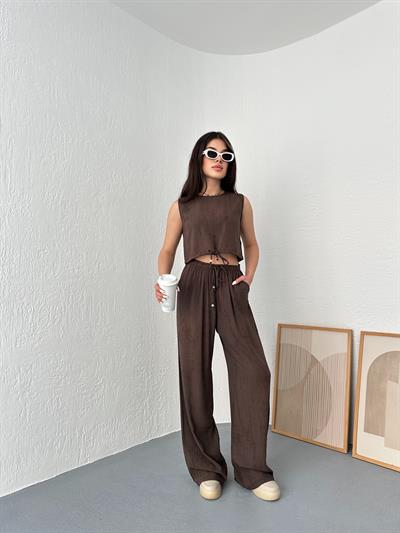 Beli Bağlamalı Eskitme Desen Pantolon Kahve