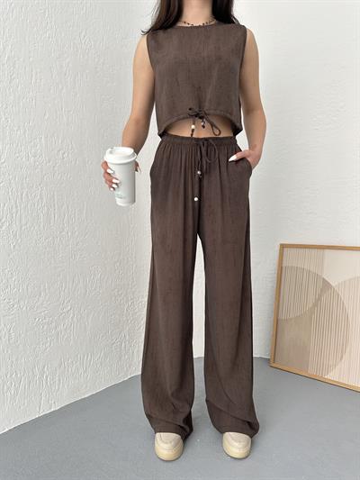 Beli Bağlamalı Eskitme Desen Pantolon Kahve