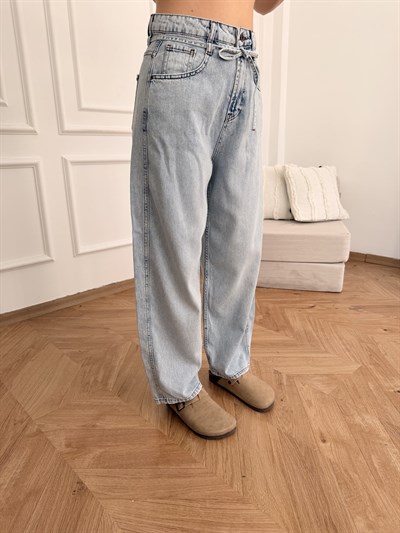 Beli İpli Balon Kesim Pantolon Buz mavisi