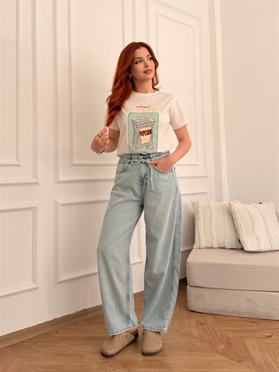 Beli İpli Balon Kesim Pantolon Buz mavisi