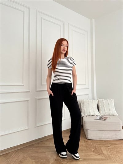 Beli İpli Lastikli Relax Fit Pantolon Siyah