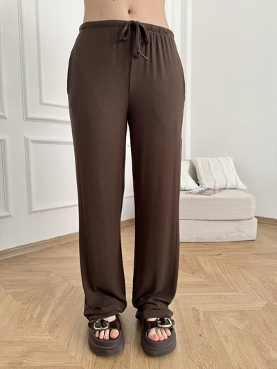 Beli İpli Lastikli Relax Fit Pantolon Acı kahve