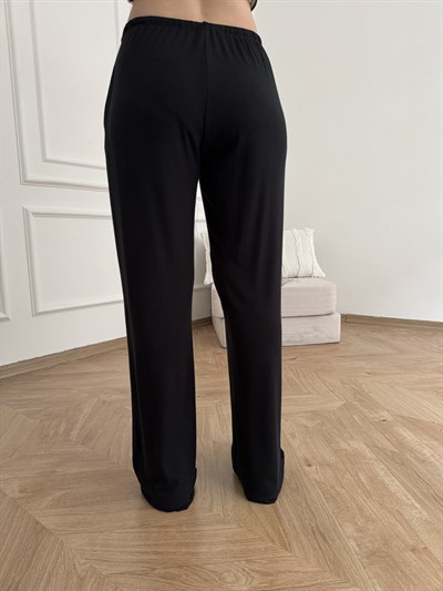 Beli İpli Lastikli Relax Fit Pantolon Siyah