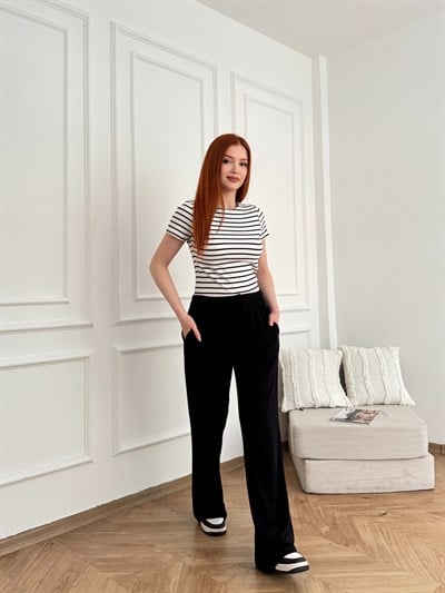 Beli İpli Lastikli Relax Fit Pantolon Siyah