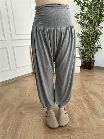Beli Korsajlı Penye Şalvar Pantolon Gri melanj